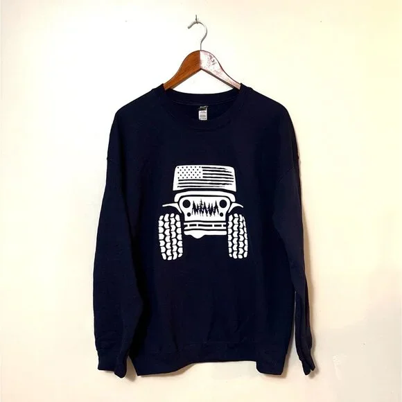 Navy XL Crewneck Sweatshirt Jeep w/American Flag Cotton/Polyester - Picture 1 of 6